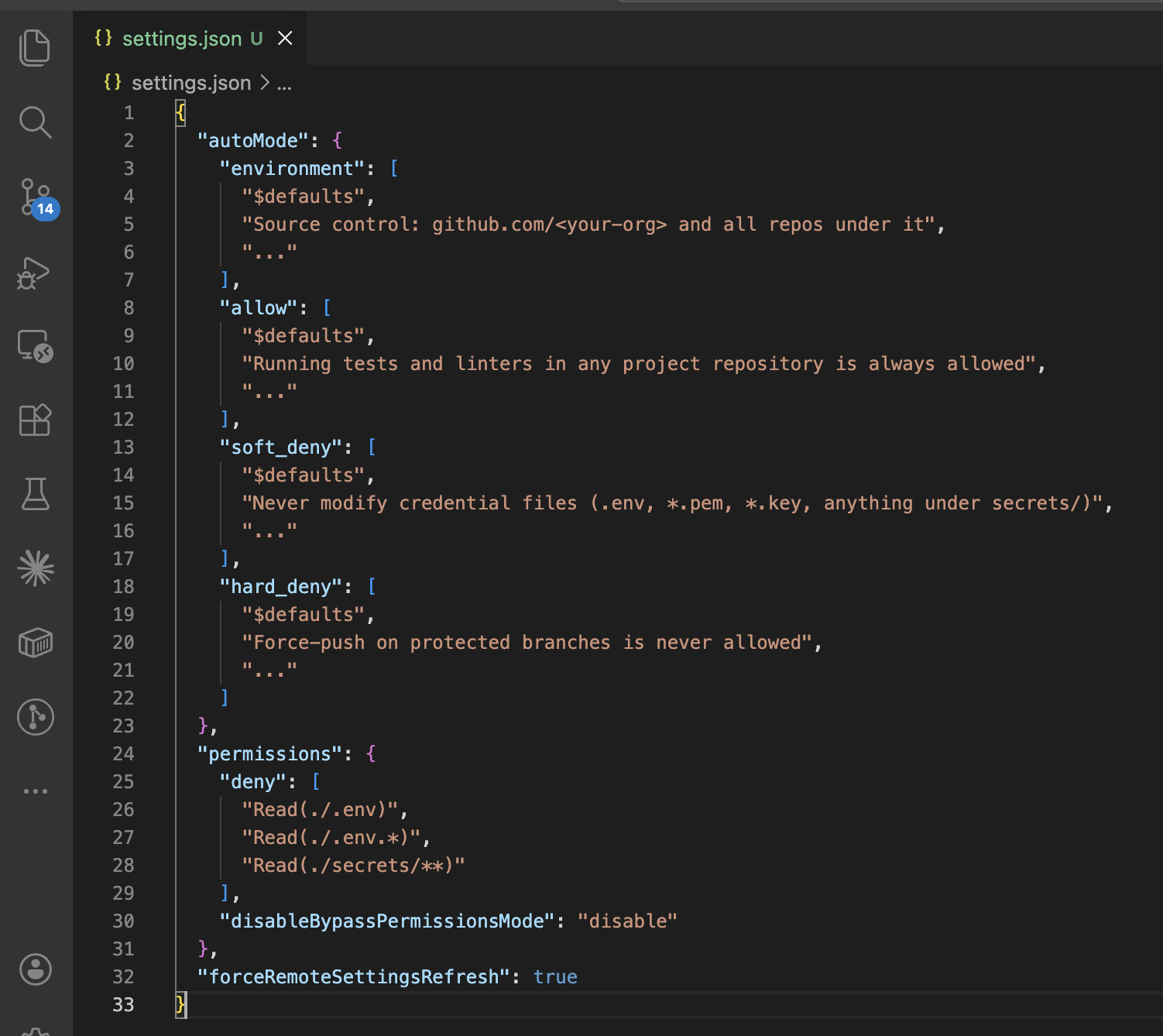 Sanitized settings.json template for Auto Mode