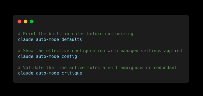 Claude auto-mode CLI commands for inspecting policy