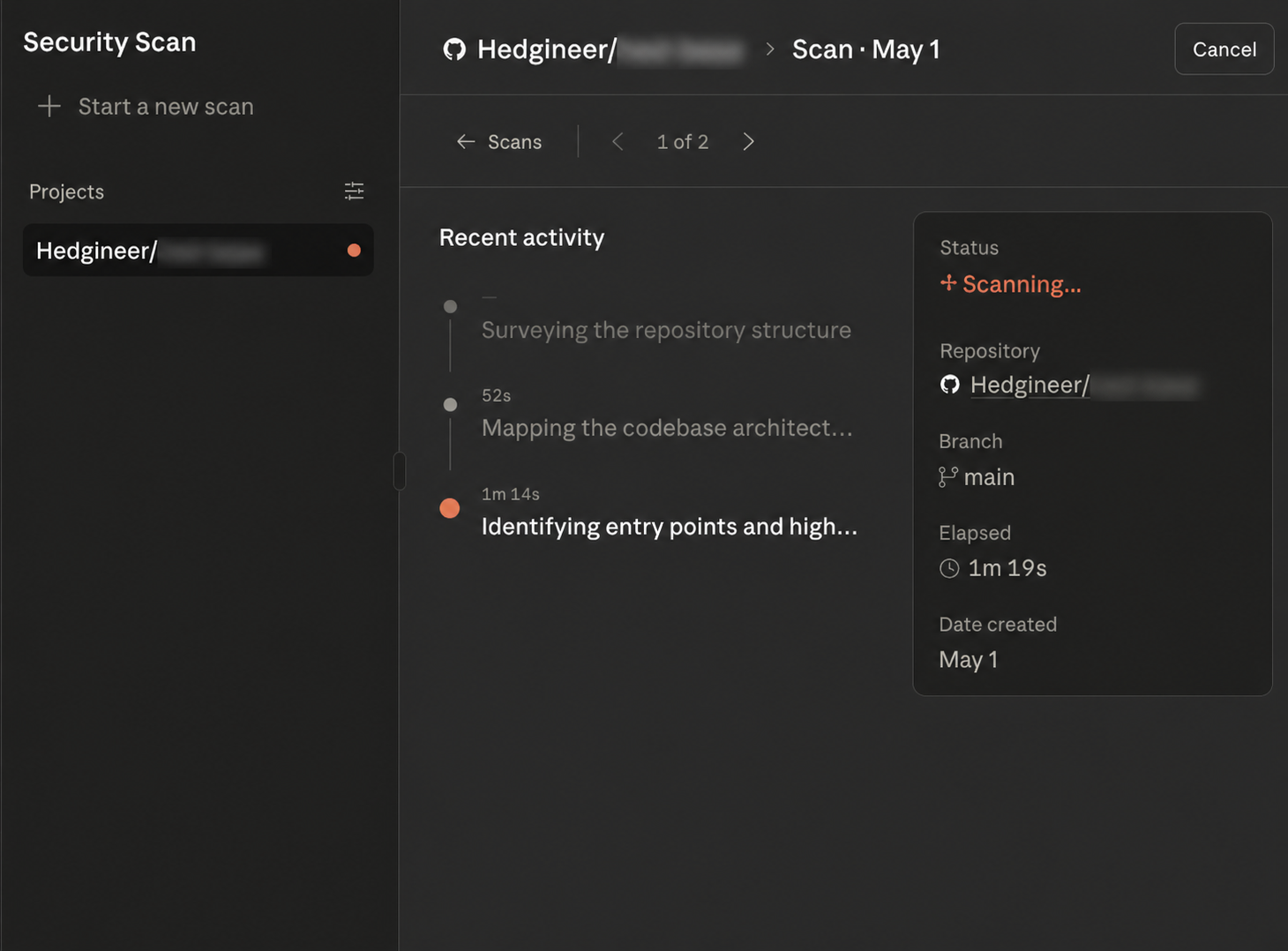 Scan in progress: status panel and live activity log