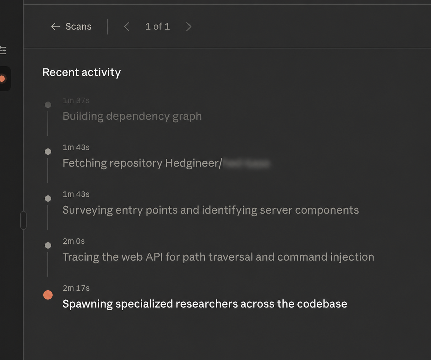 Recent activity log: dependency graph, entry-point survey, specialized researchers