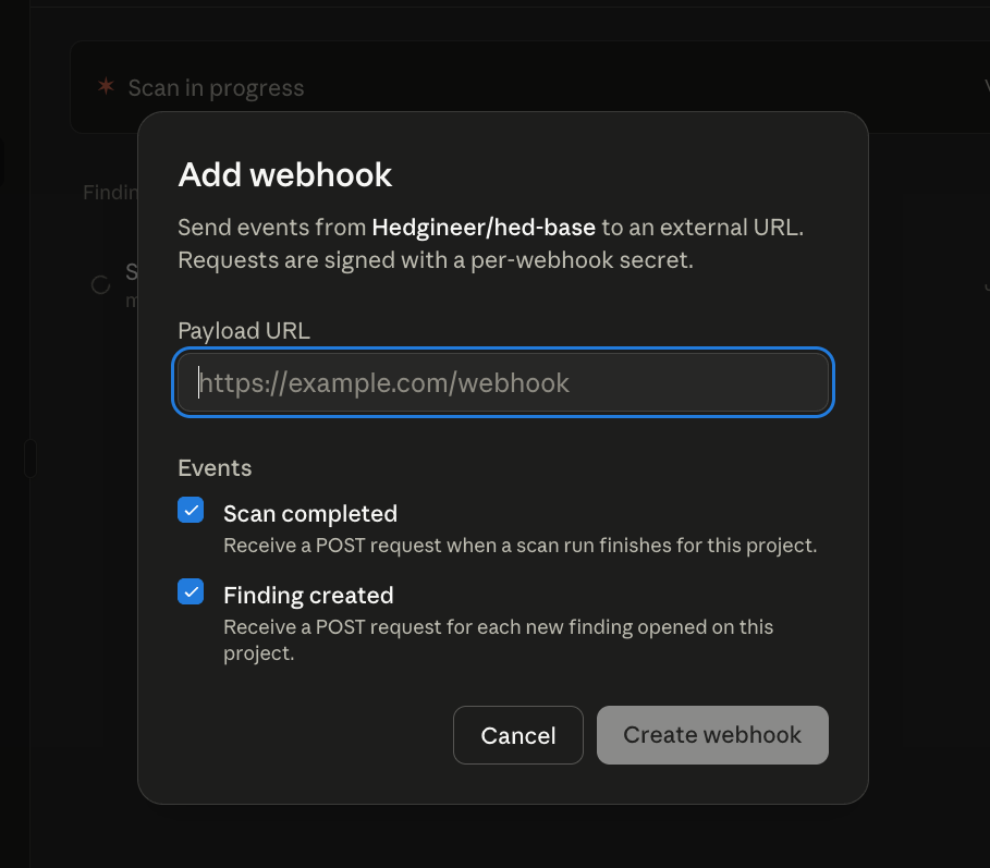 Add webhook modal: scan completed and finding created events