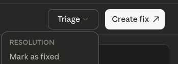 Finding actions: Triage dropdown and Create fix button