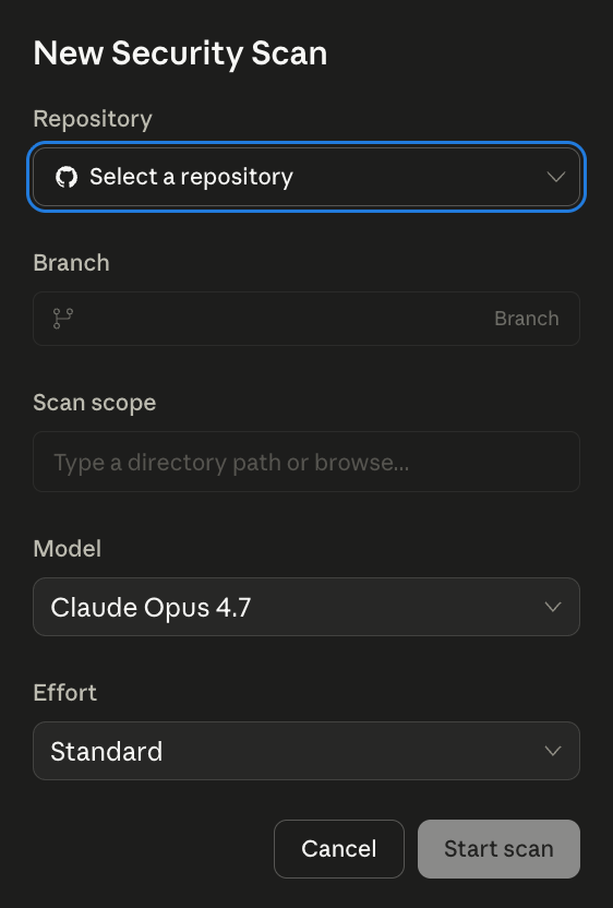 New Security Scan form: repository, branch, scan scope, model, and effort