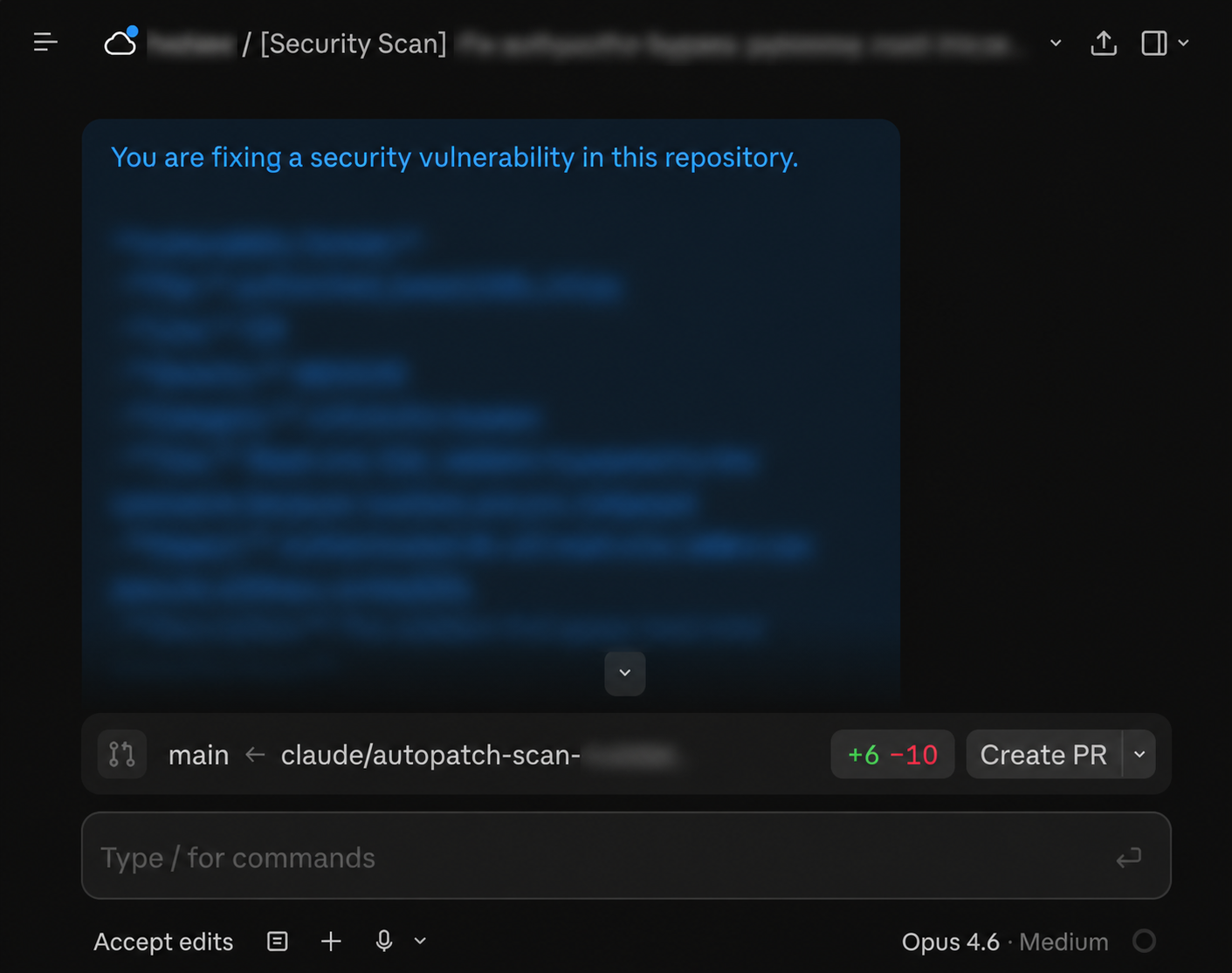Claude Code on Web session opened from a finding: vulnerability context loaded, branch staged, diff and Create PR ready