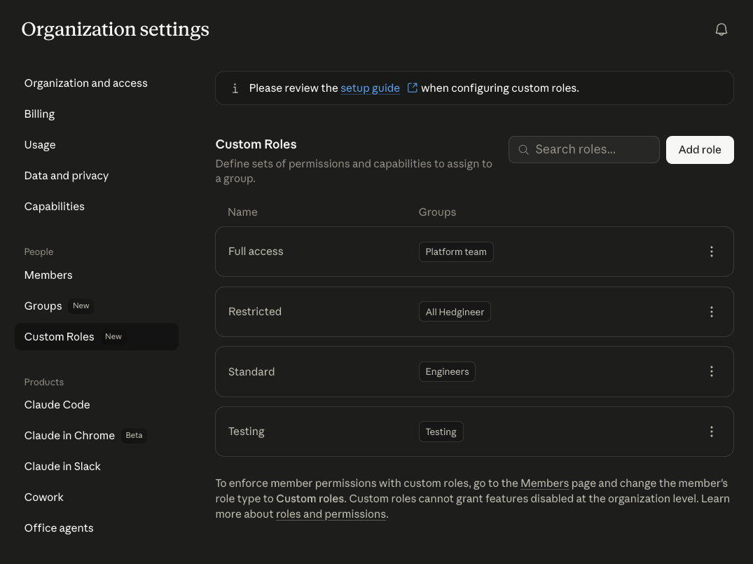 Organization settings: custom roles bound to groups