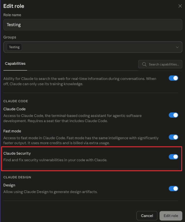 Edit role modal: Claude Security capability toggled on