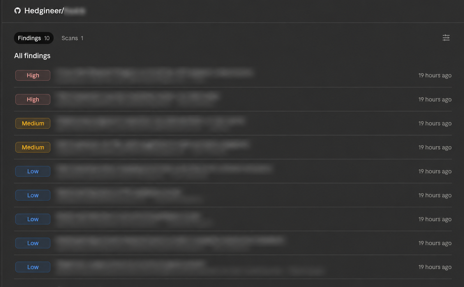 Findings inbox grouped by severity: High, Medium, and Low