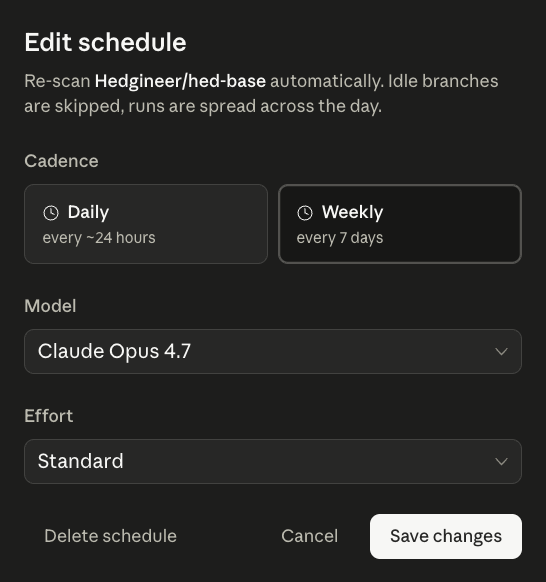 Edit schedule modal: daily or weekly cadence, model, and effort