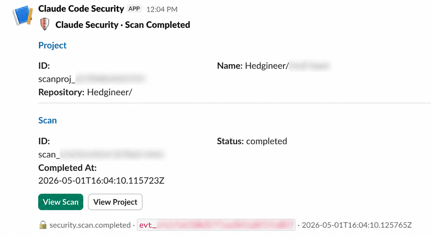 Slack notification from a Claude Security webhook